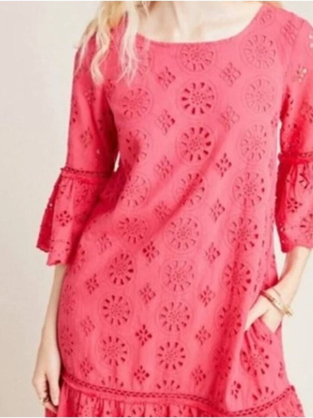 NWT SZ 4 Anthropologie Hot Pink Eyelet Ruffle Shift Dress